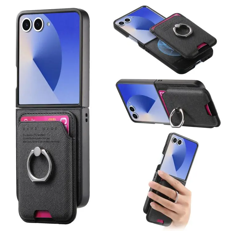 Portafoglio in tessuto twill con anello e custodia magnetica per telefono., For Galaxy Z Flip8 5G, For Galaxy Z Flip7 5G, For Galaxy Z Flip6 5G