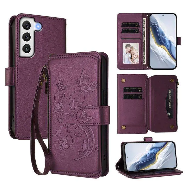 Portafoglio multi-carta con cerniera e motivo farfalla, amore e fiore, custodia per telefono in pelle, For Galaxy S21+ 5G, For Galaxy S21 Ultra 5G, For Galaxy Note20 Ultra