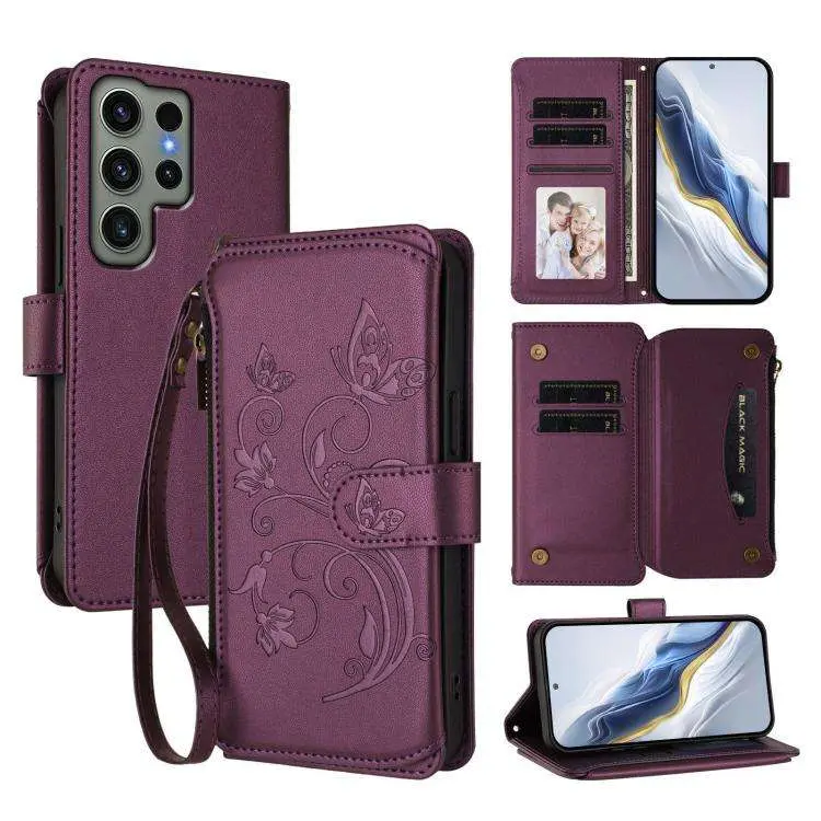 Portafoglio multi-carta con cerniera e motivo farfalla, amore e fiore, custodia per telefono in pelle, For Galaxy S23 Ultra 5G, For Galaxy S23+ 5G, For Galaxy S23 5G