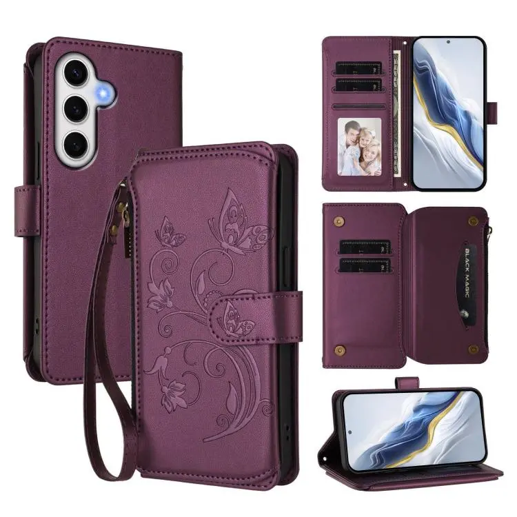 Portafoglio multi-carta con cerniera e motivo farfalla, amore e fiore, custodia per telefono in pelle, For Galaxy S24 FE 5G, For Galaxy S24 Ultra 5G, For Galaxy S23 FE 5G