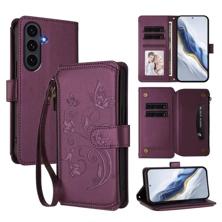 Portafoglio multi-carta con cerniera e motivo farfalla per Galaxy S26 FE, S26+ e