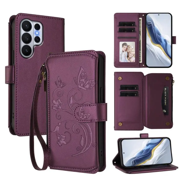 Portafoglio multi-carta con cerniera e motivo farfalla per Galaxy S26 Ultra, S26