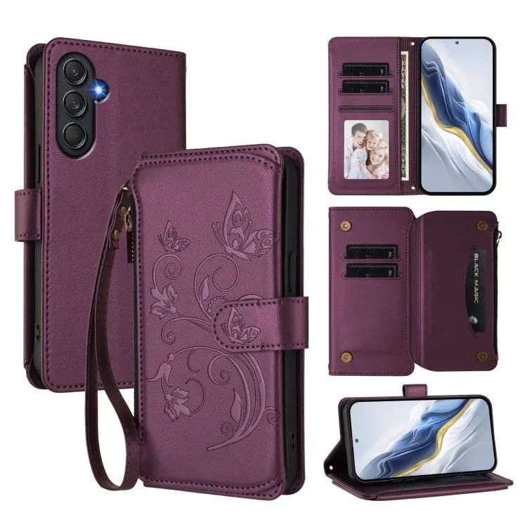 Portafoglio multi-carta con cerniera e motivo farfalla per Samsung Galaxy M54