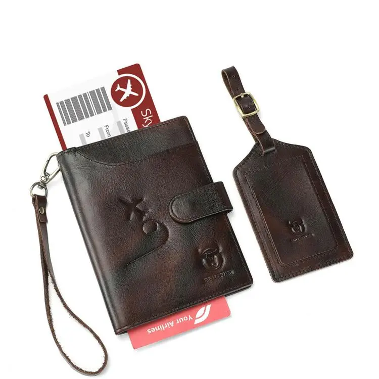 Portapassaporto in vera pelle BULL CAPTAIN con etichetta per bagaglio, set da uomo con blocco RFID, portafoglio da viaggio vintage