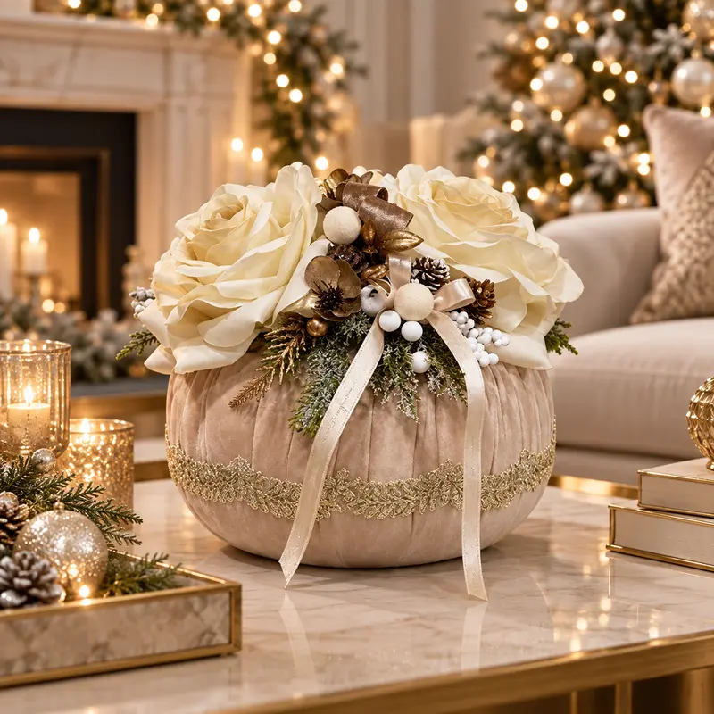 Pouf Decorativo Polvere di Stelle in Velluto con Rose Panna e Pigne Dorate by Mata Creazioni