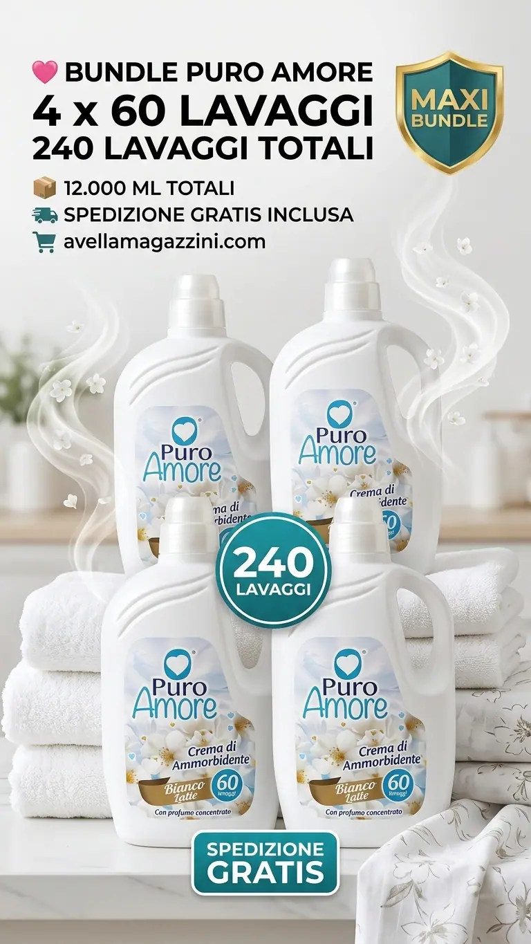 Puro Amore Ammorbidente Ultra Concentrato Mega Bundle 240 Lavaggi (12000 ml) – Crema di Ammorbidente per Morbidezza Estrema e Stiratura Facile – Disponibile in 6 Varianti