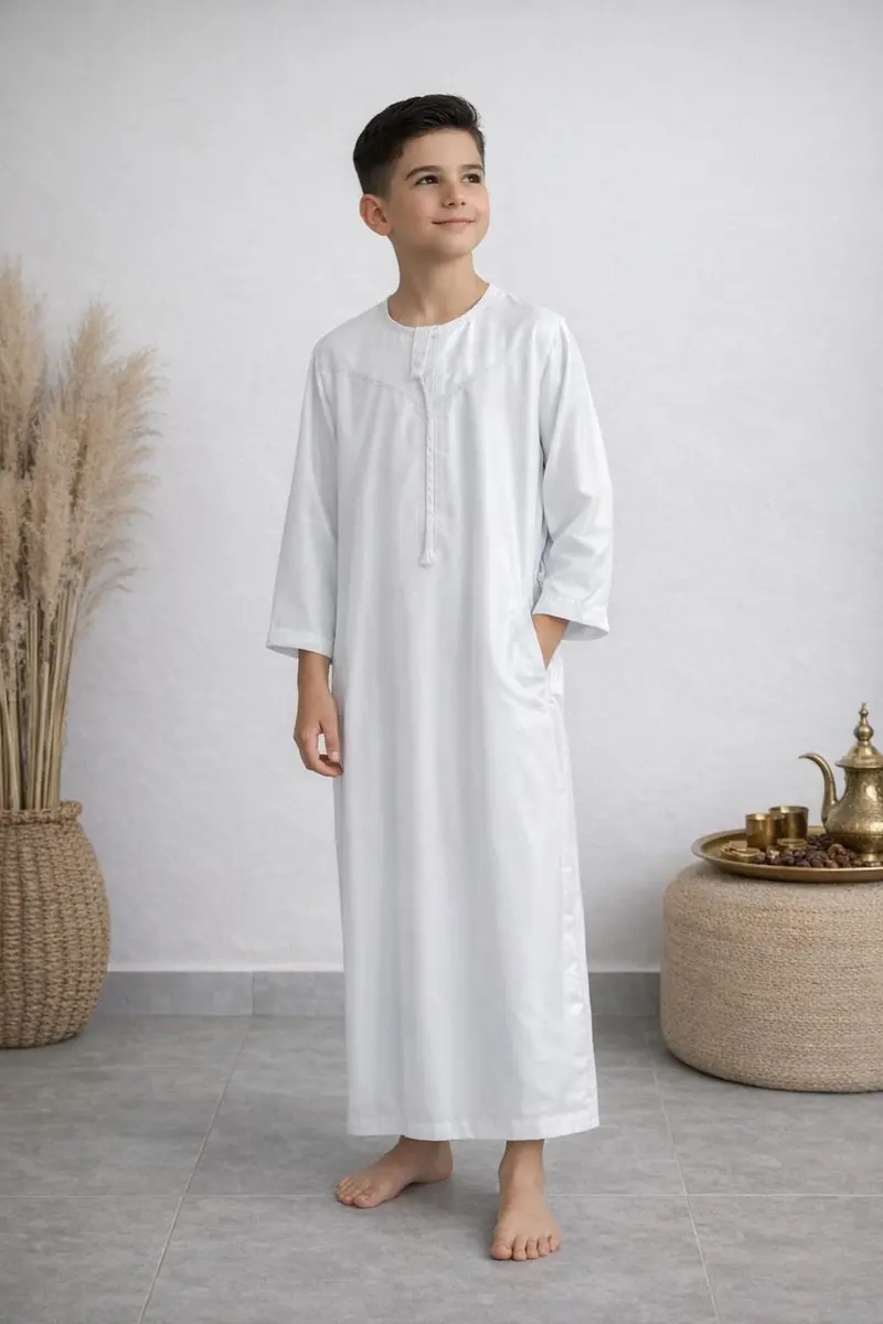 Qamis Omar per bambini e ragazzi manica lunga con mappa bianco