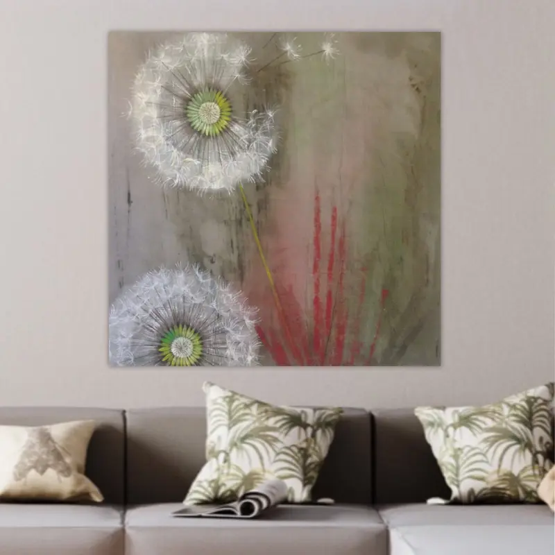 Quadro con Fiore del Tarassaco su Stoffa, Dipinto con Soffioni Bianchi