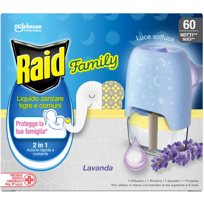 Raid Family Diffusore Elettrico Liquido 60 Notti Lavanda - Anti-Zanzare Comuni/Tigre, Protezione 20m Cubi, PMC