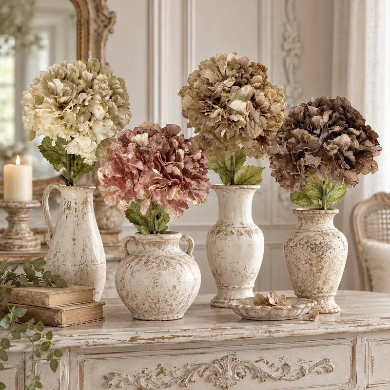 Ramo di Ortensia Artificiale Effetto Essiccato – Collezione Gardena by Blanc MariClò, H 120 cm