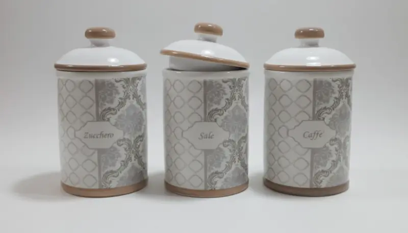 REGAL Set 3 Barattoli in Porcellana Decorata Sale Zucchero Caffè | Design Shabby Chic Damascato | Contenitori Ermetici di Pregio