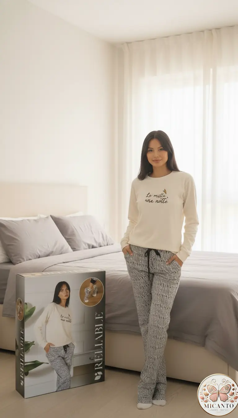 RELIABLE Pigiama Donna "VERA" in Caldo Cotone Invernale | Maglia Nera Stampa "Le Mille Una Notte" & Pantaloni Fantasia Zebrata