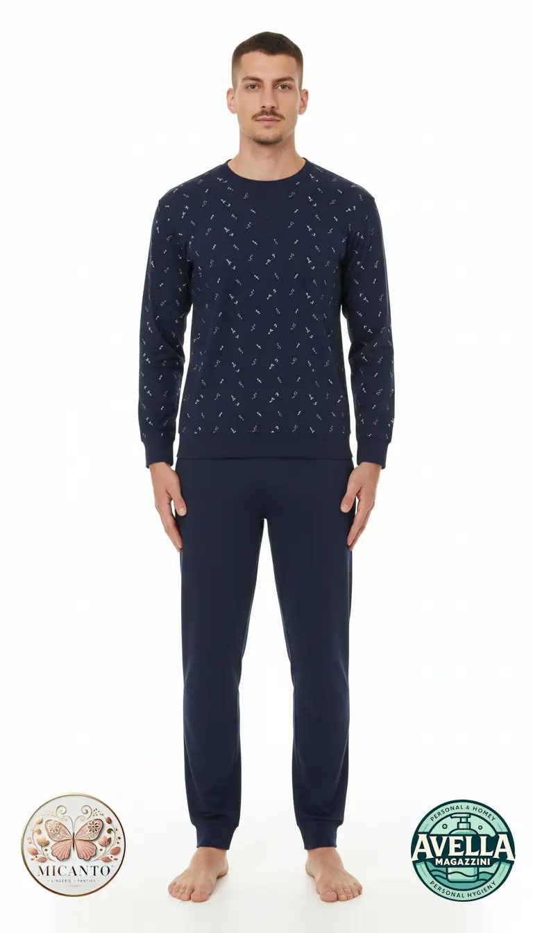 Reliable Pigiama Uomo "Amedeo" in Caldo Cotone | Maniche Lunghe, Fantasia Sobria & Pantaloni Abbinati | Invernale | Include Calzini | Blu/Antracite