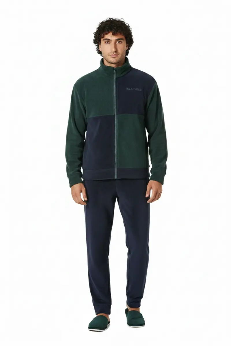 Rellable Pigiama Uomo Romualdo Invernale Coral Fleece - Giacca con Zip e Bicolore - Pantofole in Omaggio - Morbido e Caldo