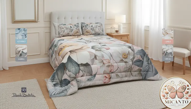 Renato Balestra Trapunta Matrimoniale Cleo | Cotone Stampato, Design Floreale Elegante, Colori Cipria e Azzurro, 2 Piazze