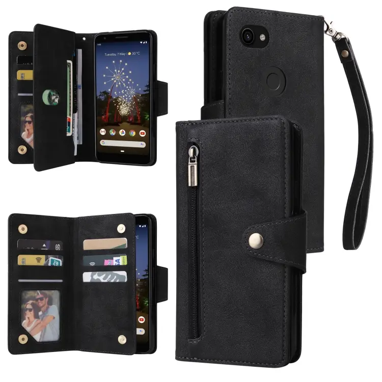 Rivetto Fibbia 9 carte Custodia per telefono in pelle a tre pieghe, For Google Pixel 3A, For Google Pixel 3A XL, For Google Pixel 4, For Google Pixel 4A 4G