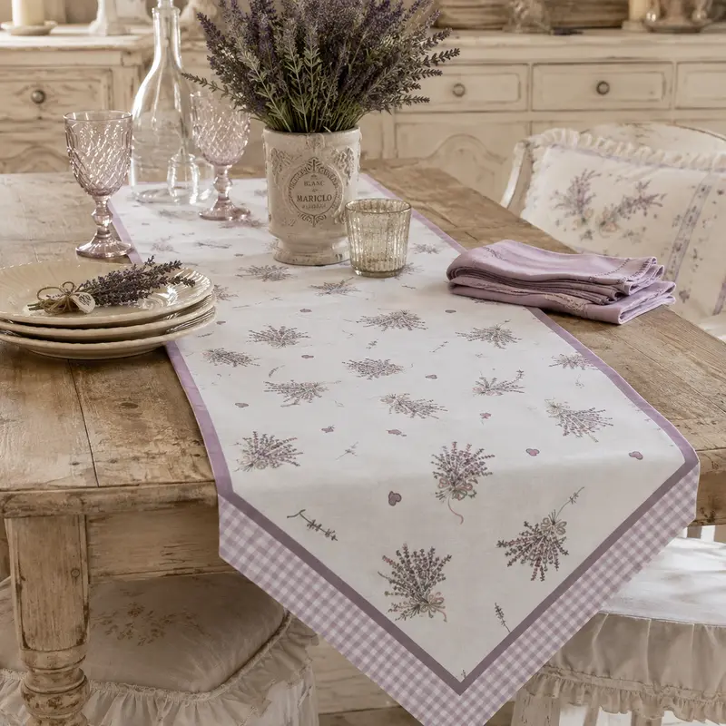 Runner da Tavola Bianco e Lilla con Lavanda in Cotone – Collezione Lavender Garden by Clayre & Eef, 50x160 cm