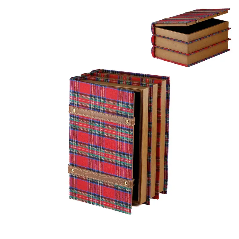 Scatola Portaoggetti a Forma di Libro in Tessuto Tartan Rosso, Verde e Blu – Goodwill, 30cm