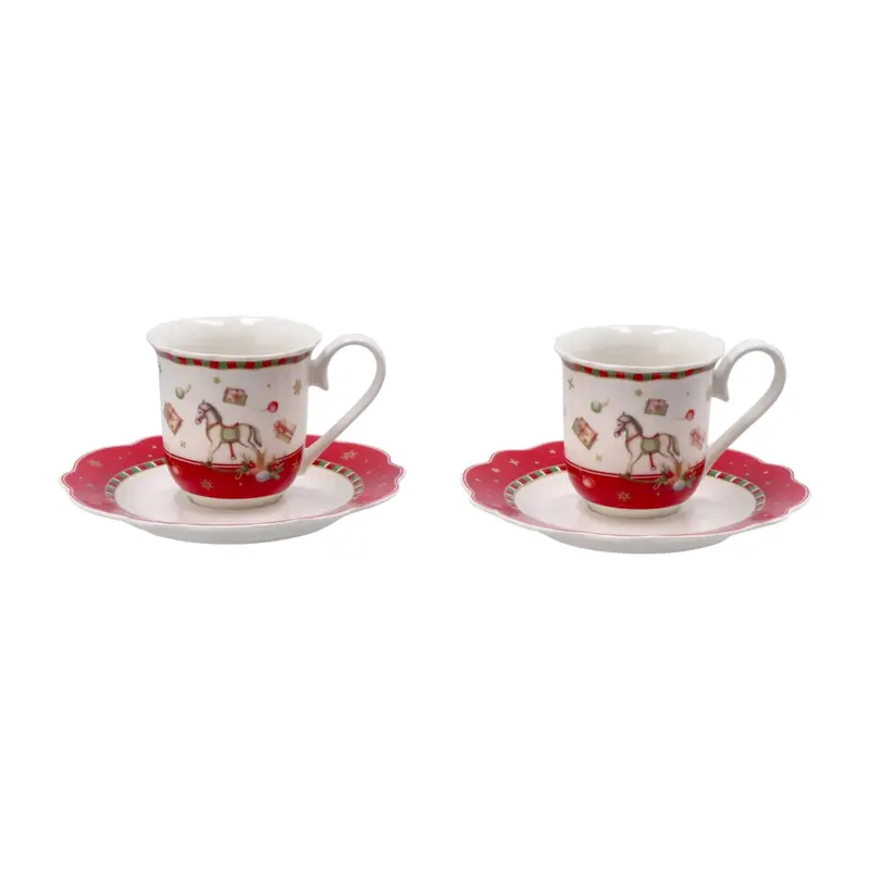 Servizio 2 Tazzine da Caffè Natalizie in Porcellana – Rosso e Bianco – Ø 6 cm – Tavola delle Feste