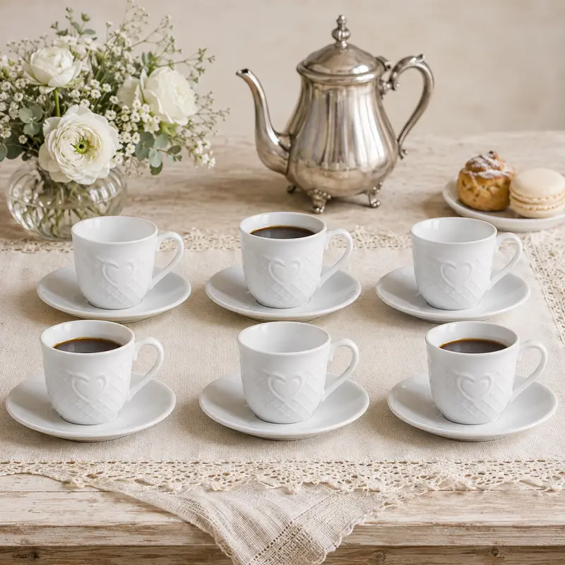 Servizio da Caffè 6 Tazzine con Piattino in Porcellana Bianca con Cuore