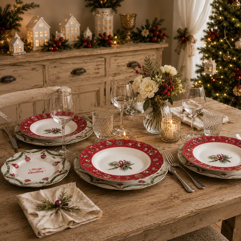 Servizio Piatti Natalizio Merry Christmas in Ceramica 18 Pezzi per 6 Persone