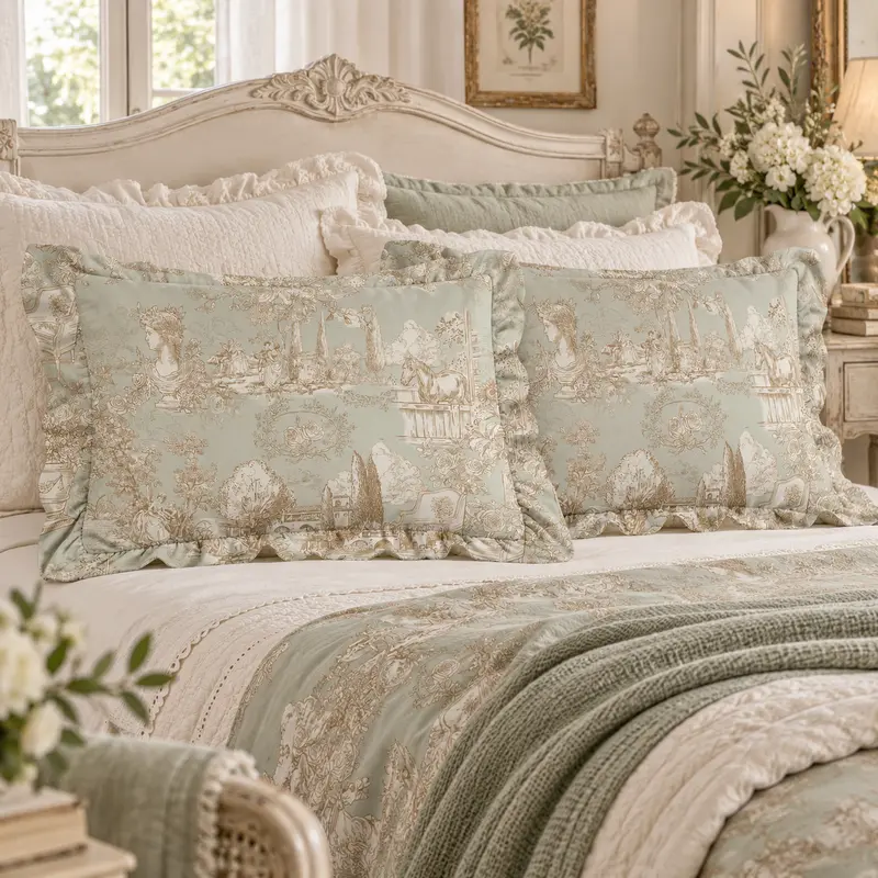 Set 2 Copriguanciali con Gale Verde – Toile du Borgo Collection by Blanc MariClò, 50x80 cm