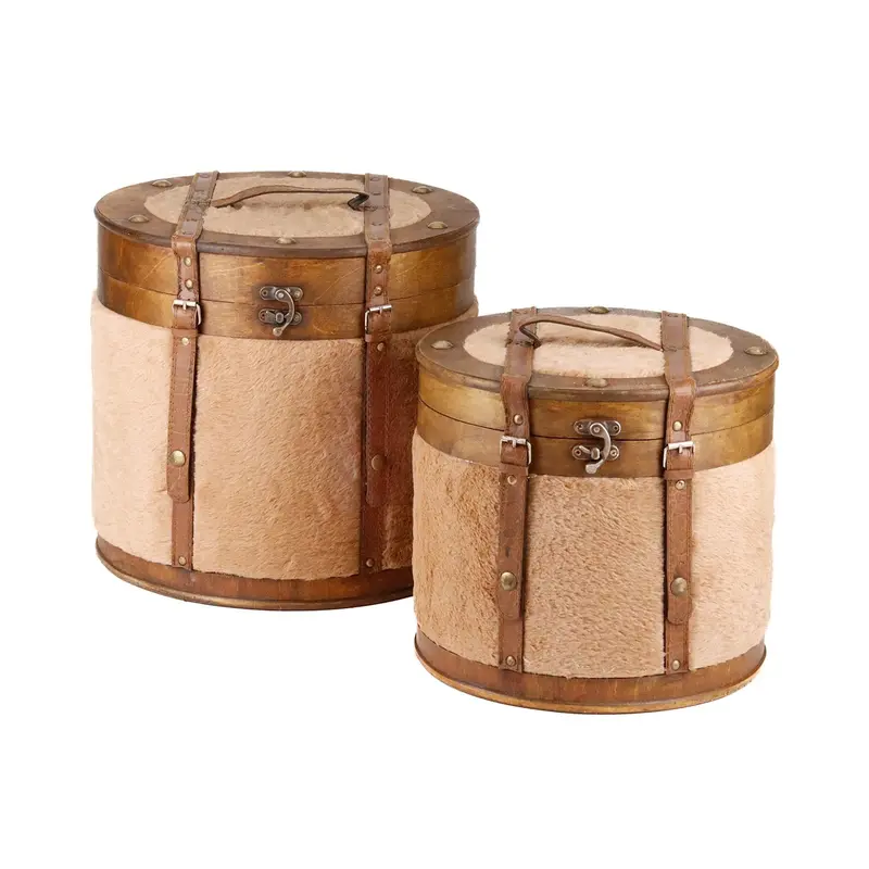 Set 2 Scatole Cappelliera Rotonde in Legno e Pelliccia Sintetica Marrone – Goodwill, 35 e 30cm