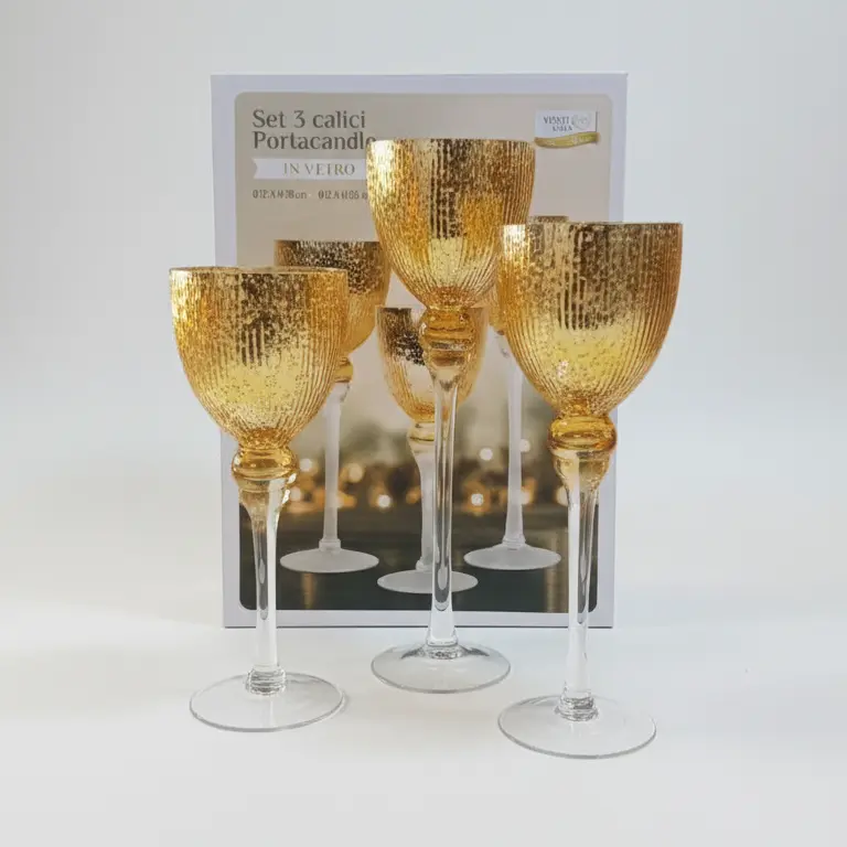 Set 3 Calici Portacandele in Vetro Alto – Finitura Oro Glitter (o Argento) Lusso Centrotavola (H 30-40 cm)