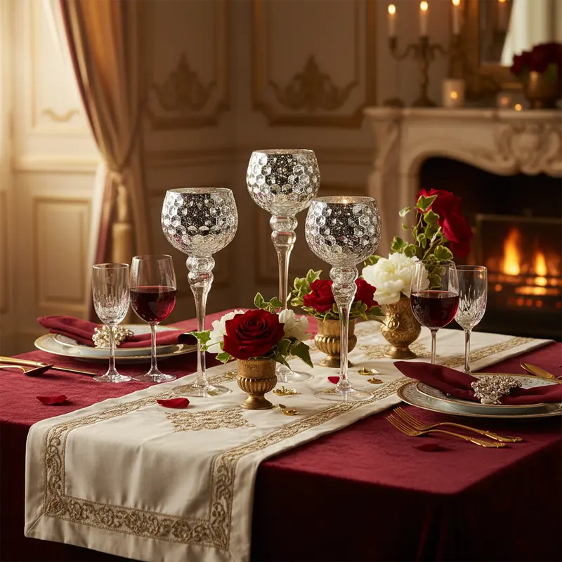 Set 3 Calici Portacandele Vesti Casa – In Vetro Argento Mosaico – H40, 35, 30 cm – Decorazioni Natale