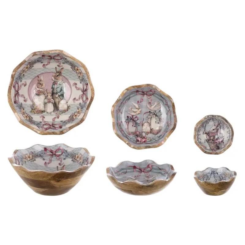 Set 3 Ciotole con Piedistallo Joyeuses Pâques in Legno di Mango – 30x30x12 cm