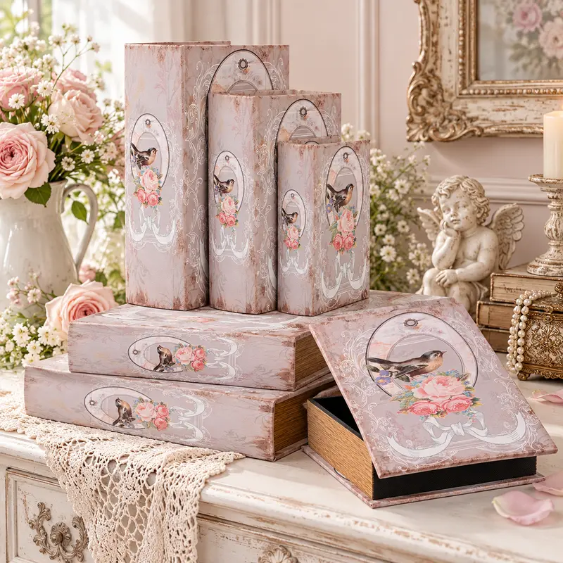 Set 3 Scatole Libro Rosa con Uccellino e Rose by Clayre & Eef, 27x22x7 / 22x17x6 / 17x12x4 cm