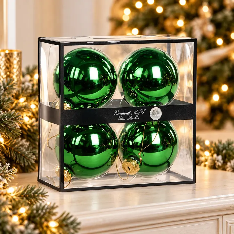 Set 4 Palline di Natale in Vetro Verde Lucido Christmas Collection – Goodwill, Ø 10cm