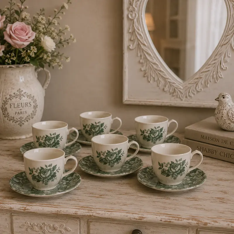 Set 6 Tazzine da Caffè con Piattino in Ceramica a Rose – Collezione Splendor by Blanc MariClò, 12x12x5 cm
