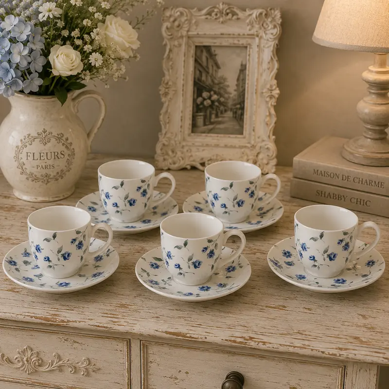 Set 6 Tazzine da Caffè con Piattino in Ceramica Blu – Collezione Floret Full by Blanc MariClò, 12x12x6 cm