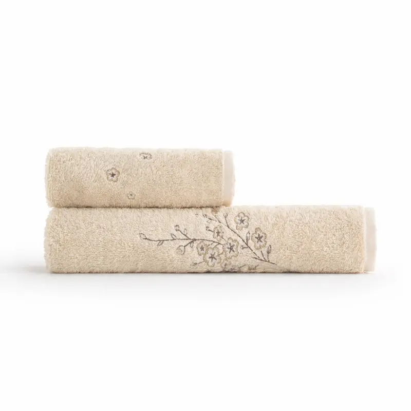 Set Asciugamani 1+1 Galizzi Firenze in Cotone 550 GSM con Fiori Ricamati – Beige Made in Italy