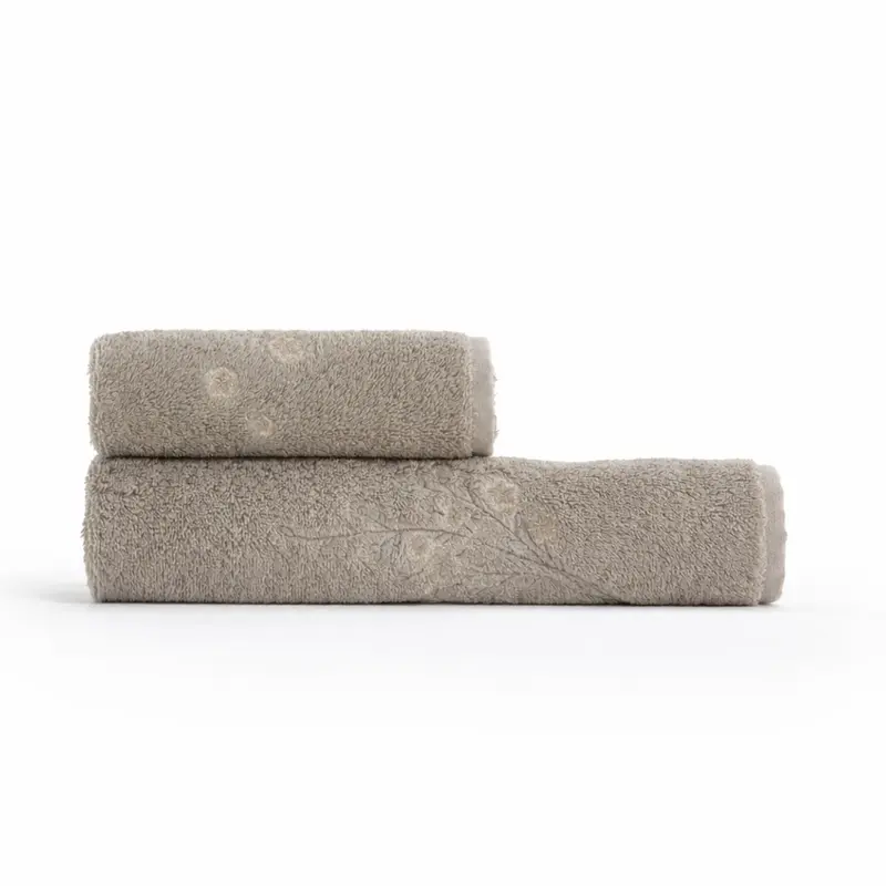 Set Asciugamani 1+1 Galizzi Firenze in Cotone 550 GSM con Fiori Ricamati – Tortora Made in Italy