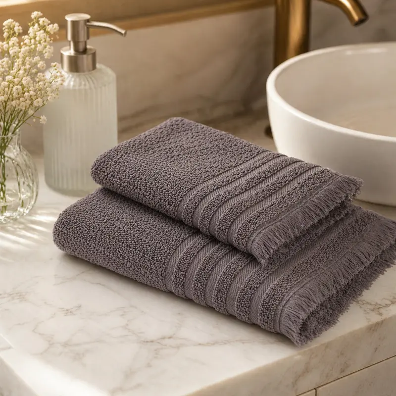 Set Asciugamani Bagno Cotone 500 g/m² Rebecca Home Giulia – Viso 60x110 + Ospite 40x60 Chicco di Riso con Frange Grigio scuro