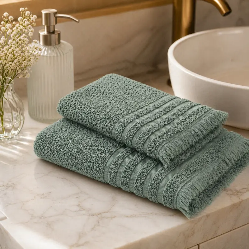 Set Asciugamani Bagno Cotone 500 g/m² Rebecca Home Giulia – Viso 60x110 + Ospite 40x60 Chicco di Riso con Frange Verde bosco
