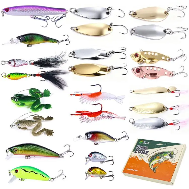 Set di 24 esche da pesca HENGJIA BOX109 – Kit assortito di esche rigide e morbide con scatola