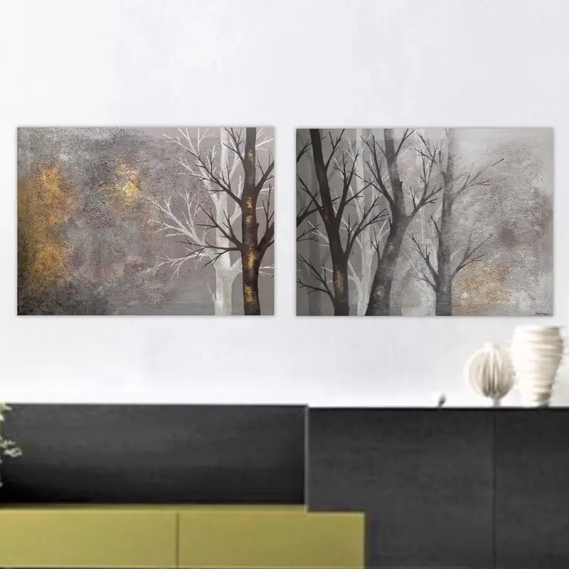 Set di Quadri con Alberi, Coppia di Dipinti per Salotto