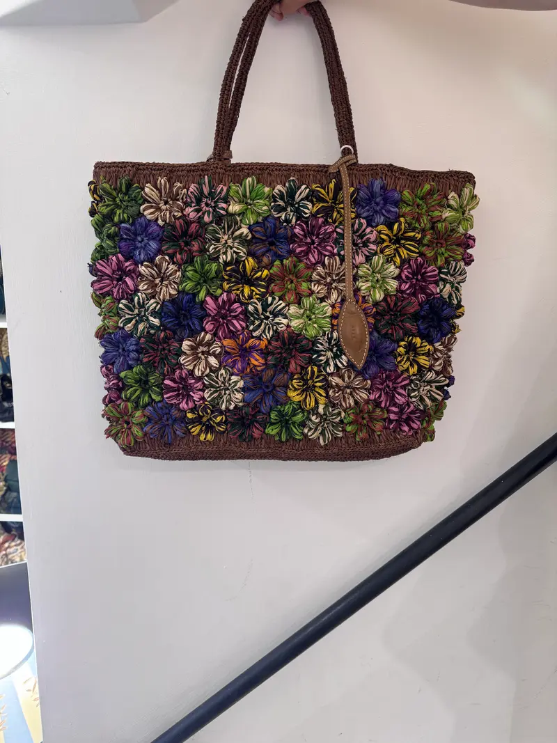 Shopper Afar in rafia naturale con ricamo floreale multicolor