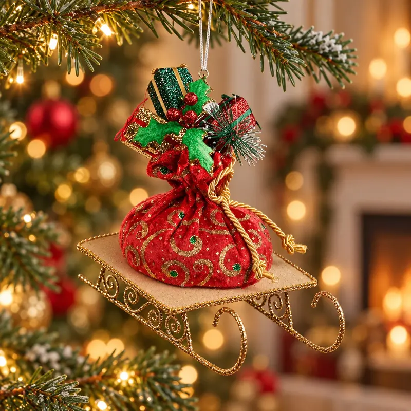 Slitta Decorativa Natalizia con Sacco Regalo Rosso e Oro – Goodwill, 21cm