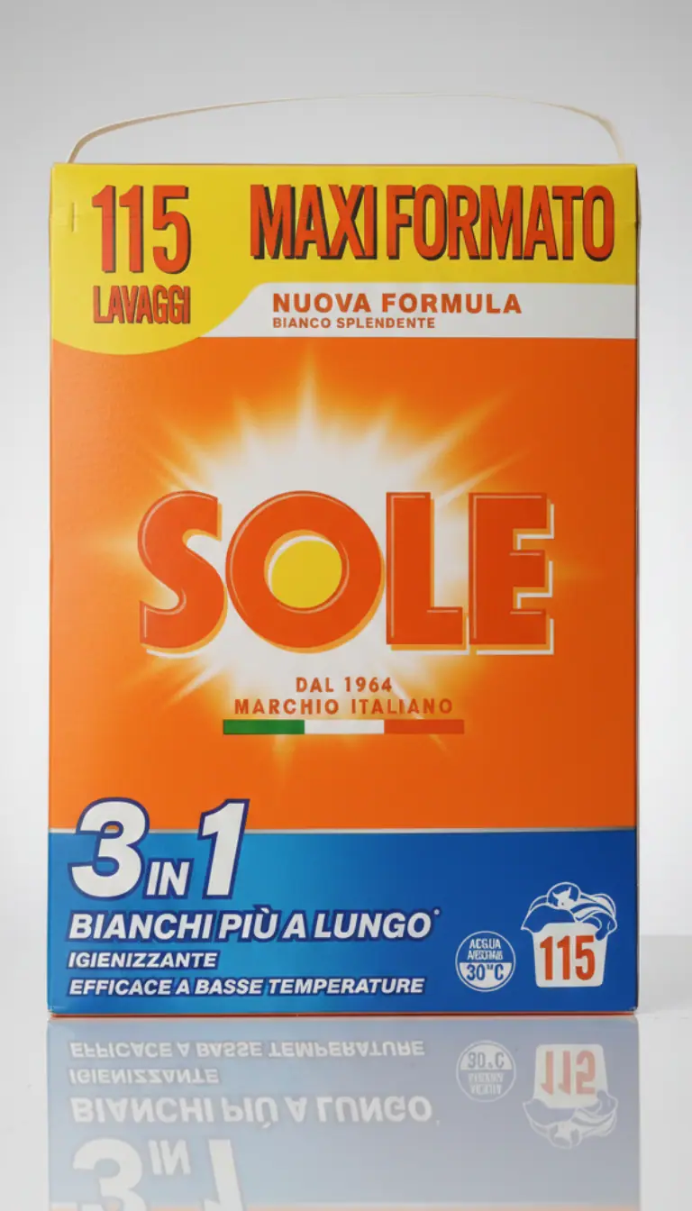 Sole Bianco Splendente Detersivo Lavatrice in Polvere Maxi Formato 115 Lavaggi 5,175 kg – Formula 3 in 1 Igienizzante e Smacchiante ad Alta Solubilità per Capi Bianchi e Chiari
