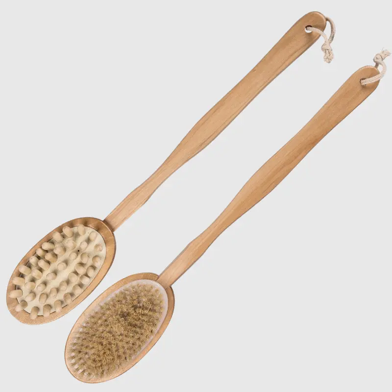 Spazzola Lavaschiena Massaggio Relax 2 in 1 | In Legno con Manico Removibile | Setole Naturali & Testine Massaggianti | 47 cm