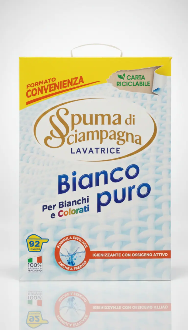 Spuma di Sciampagna Bianco Puro Detersivo Lavatrice Polvere 92 Lavaggi 4,14kg – Ossigeno Attivo Igienizzante e Smacchiante
