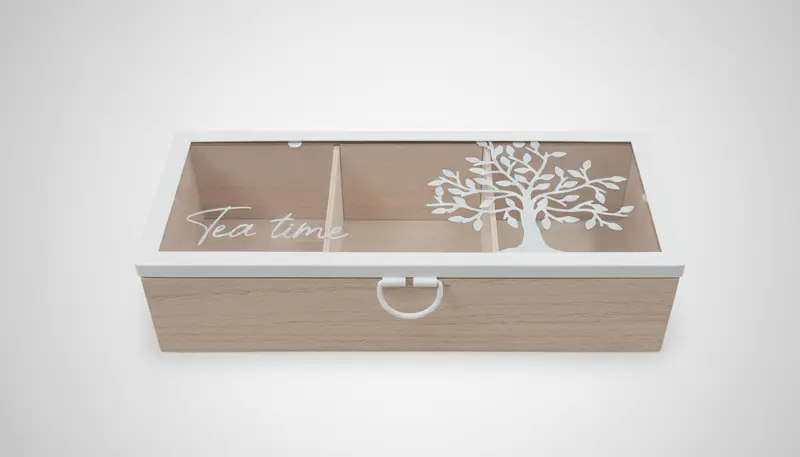STAR Scatola Porta Bustine di Tè in Legno e Vetro | 3 Scomparti (23x10x6h cm) | Tea Time Design con Albero | Disponibile Bianco e Nero
