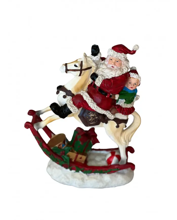 Statuina Natalizia Babbo Natale su Cavallo a Dondolo in Resina Vintage, 18x9x23cm