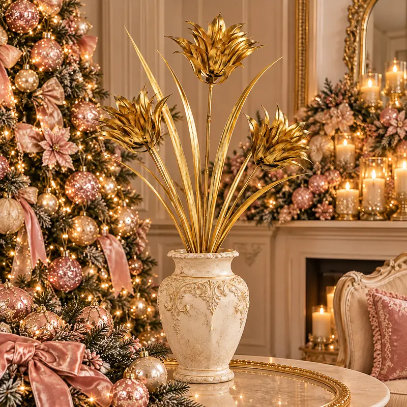 Stelo Decorativo Natalizio con Fiori Metallici Dorati – Goodwill, 100cm