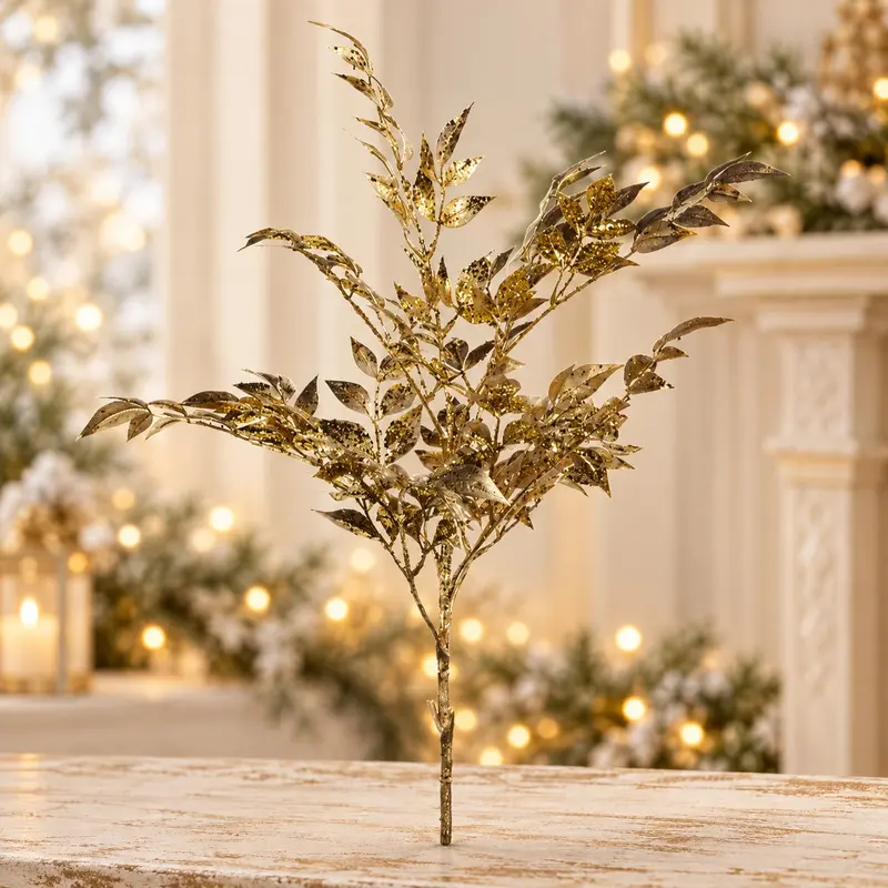 Stelo Decorativo Natalizio Foglie Oro Metallizzato con Glitter – Goodwill, 96cm