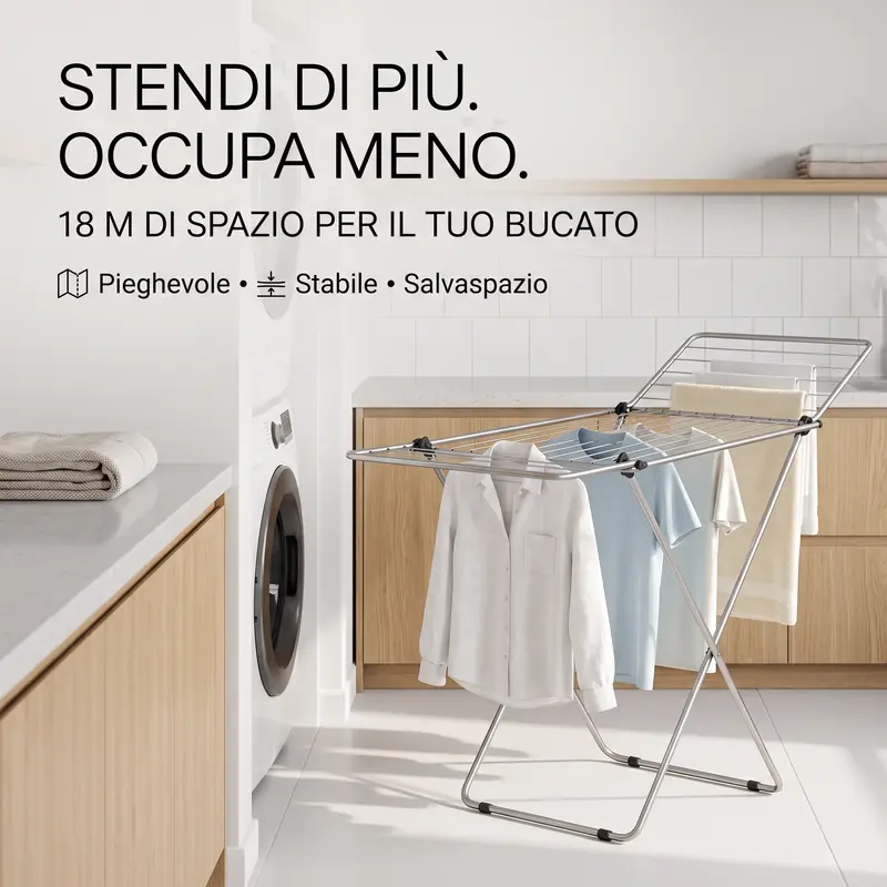 Stendibiancheria Stendino Soluzione per l'Asciugatura da Pavimento Pieghevole in Ferro, 18 Metri di Spazio Utile